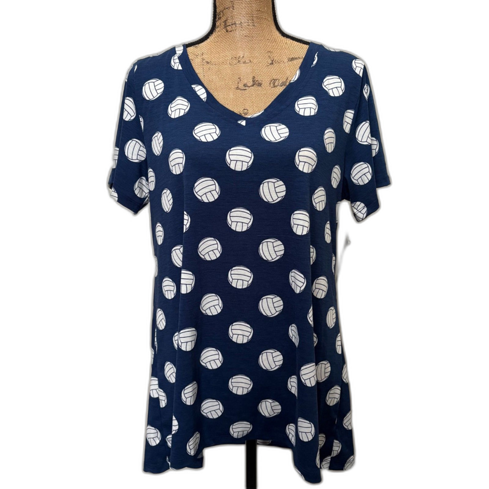 LuLaRoe Christy T-Shirt Navy Blue White Volleyball Print V-Neck Tee Size Large